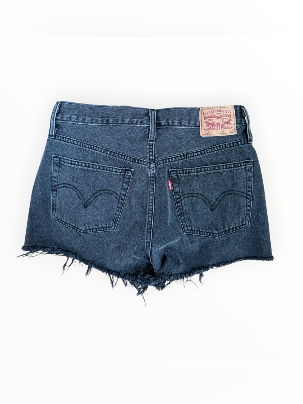 Levi's 501 shorts, featuring a black denim wash and a frayed hem 100% cotton
